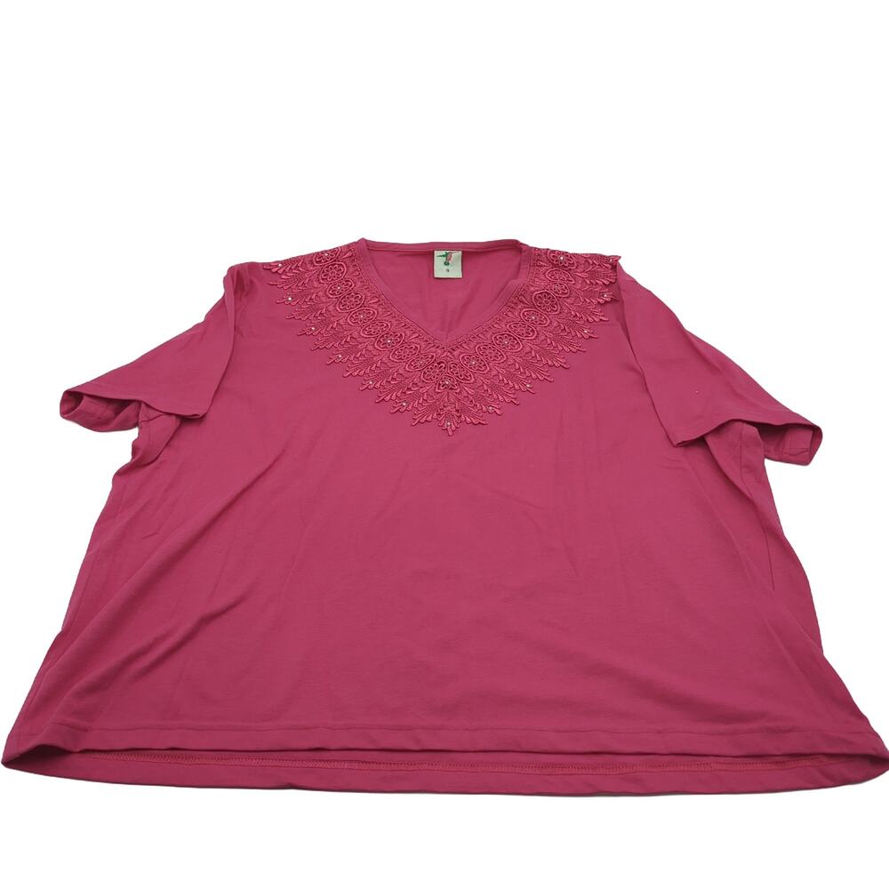 Hummingbird 1X Pink V-Neck Top, Embroidered Beaded Lace Trim‎